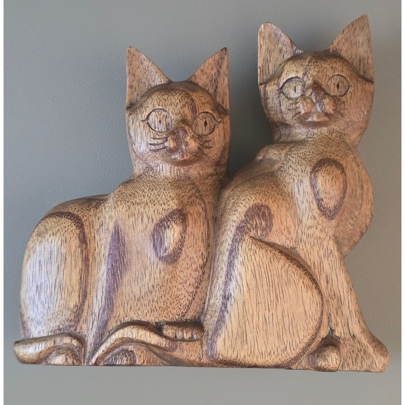 Other - Hand Carved Solid Wood Double Cat Figurine Indonesia Folk Art Sculpture Brown